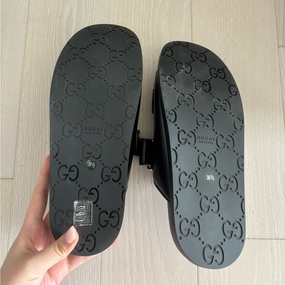 Gucci Black Leather Double-Strap Slide Sandals with Crystal GG Accents - Picture 3 of 7